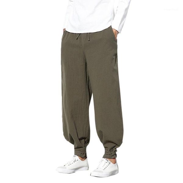 

men's pure color trousers cotton linen small feet loose casual lantern pantz02201, Black