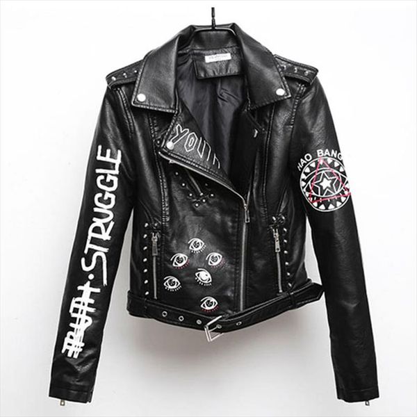 

женщины печатной letters pu кожаная куртка велосипедиста moto black поддельной куртка женская модель black заклепка хип-хоп шорты zipper coa