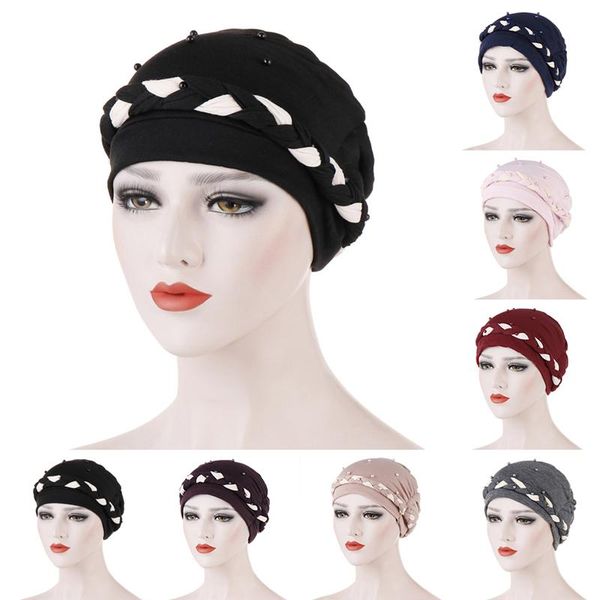 

two-color bead turban caps jersey inner hijab bonnet wrap head hijabs underscarf cap femme musulman muslim headdress, Blue;gray