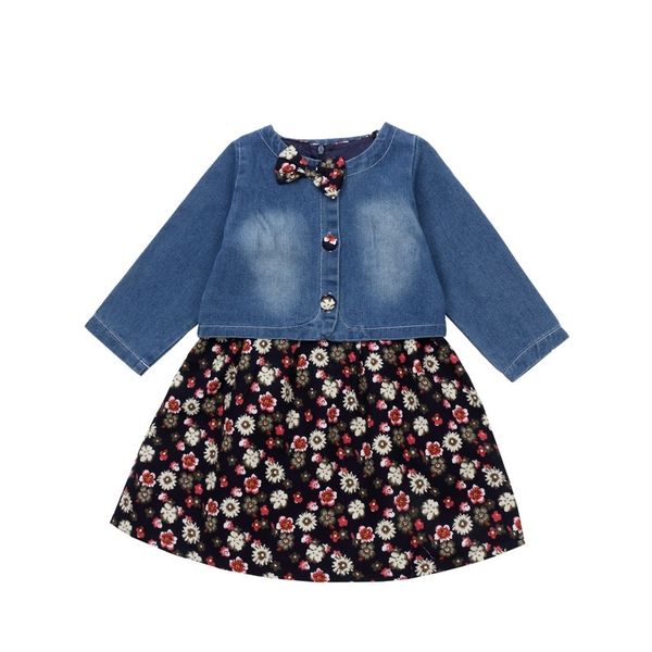 

spring autumn toddler teens girls clothes flower sleeveless dress + denim coat 2pcs children clothing set casual kids outfits y200325, White