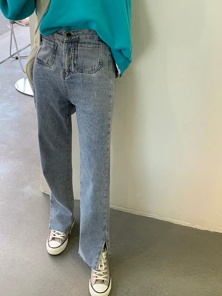 

straight high waist women jeans loose front pocket side split all-match korean style vintage casual denim trousers plus size, Blue
