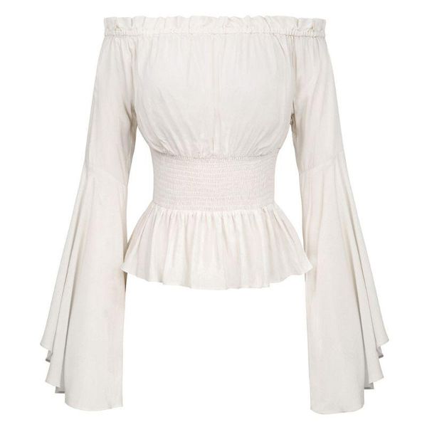 

womens gothic renaissance blouse flare sleeves ruffles off shoulder corset medieval victorian cosplay costume pirate shirt, White