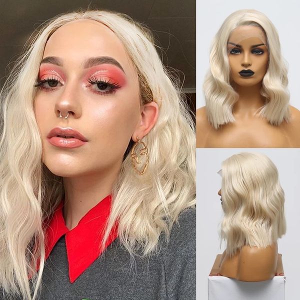 Neue natürliche weiche kurze Perücke hitzebeständige gewellte Haarperücken blonde Farbe synthetische Spitze-Front-Perücke Seitenteil leimlose Perücke für Frauen