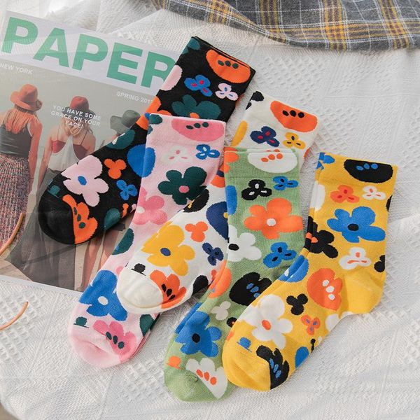 

socks & hosiery summer retro flower cute cotton women girls korean style harajuku colorful mid-tube fashion casual street tide, Black;white