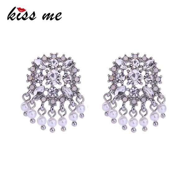 

kiss me hollowed geometric simulated pearl crystal wedding earrings 2021 women stud earring fashion jewelry, Golden;silver