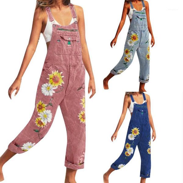 

women summer clothes sunflower printed removable suspender trousers with chest pocket for girls 6 sizes1, Blue