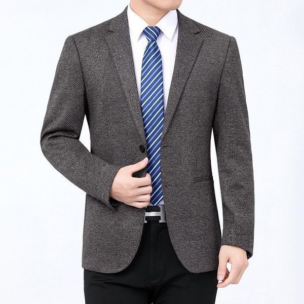 

2021 winter new men single cc business casual wool middle-aged men's single grid west about fashion, Gray