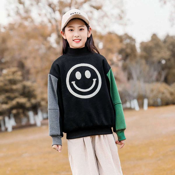 

korean women's grey thickened leopard cartoon print winter long sve medium length pullover children's wear, Black