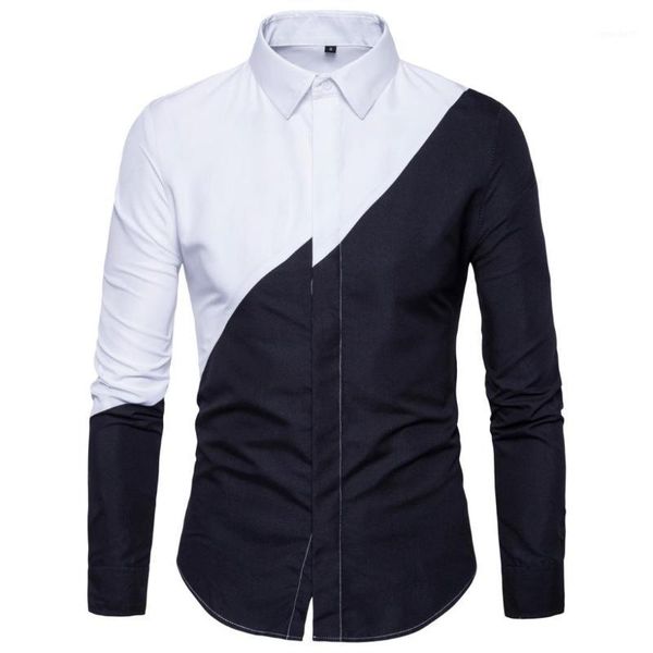 

men's casual shirts shirt men 2021 black white patchwork long-sleeved dress clothes chemise homme man, White;black