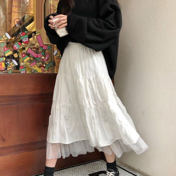 

high waist women skirt casual vintage skirt fashion women a line pleated tulle elastic high waist party long maxi skirt 2020, Black