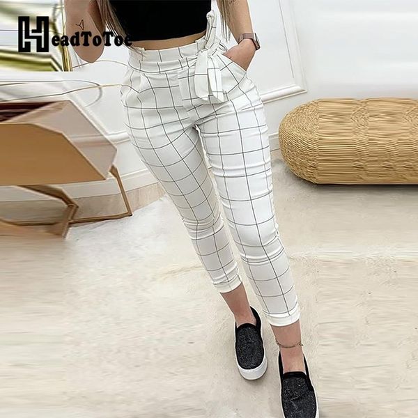 

high waist grid paperbag waist casual pants for women 201031, Black;white