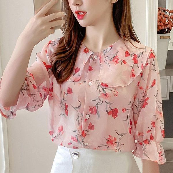 

fashion women and blouse 2020 ladies chiffon blouse for women half button floral ruffled flare sleeve blusas 05741, White