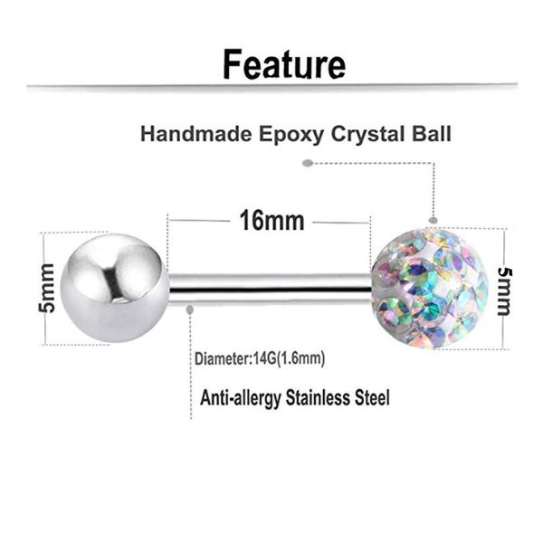 

1pc surgical steel tongue rings women handmade epoxy coated crystal piercing tongue barbells piercing jewelry 14g q jlltoe, Silver