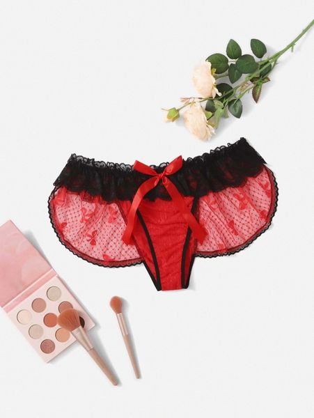 

plus contrast lace frill trim panty t0m0#, Black;white