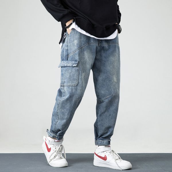 

2021 new newly fashion streetwear retro blue loose fit denim harem embroidery designer hip hop jeans men cargo pants o76u
