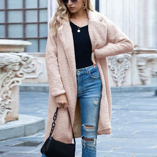 

women midi coat faux fur plush winter warm long sleeve lapel coat jacket fashion outerwear clothes for female ladies 2020 new1, Black