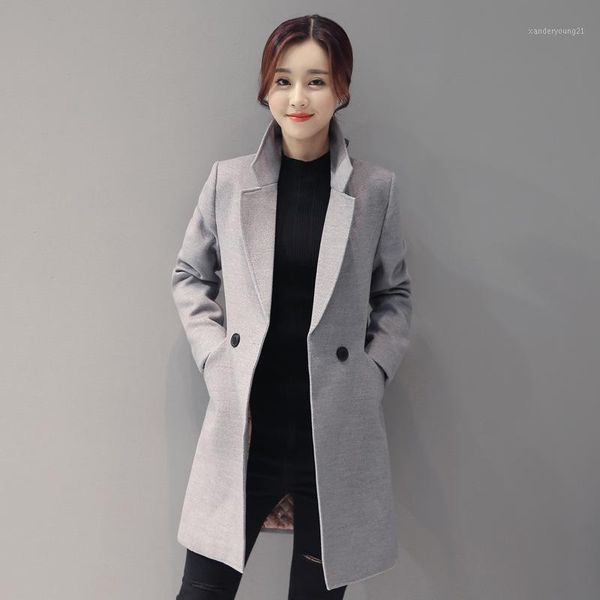 

women's wool & blends office lady slim long women coat turn-down collar winter jacket double breasted solid cashmere 20211, Black
