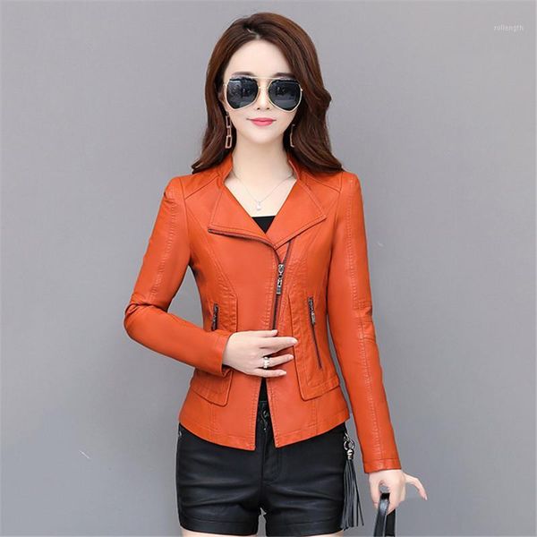 

leather coat women 2019 new spring autumn korean short slim black green orange  3xl 4xl plus size long sleeve pu jacket ld10741