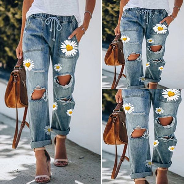

selling pierced printed elastic waist straight through women's jeans, Blue