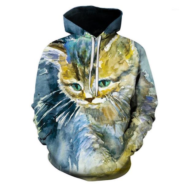 

2019 autumn new men women hoodie animal painting cat 3d printing pullover men casual long-sleeved pocket hooded baseball uniform1, Black