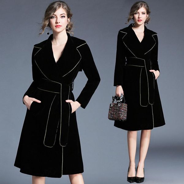 

vintage long trench coat for women autumn spring trench coats outerwear slim velvet windbreaker with belt casaco feminino yq128, Tan;black