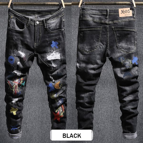 

2021 new american streetwear fashion elastic patches designer slim ripped men punk pencil pants hip hop jeans xtwe, Blue