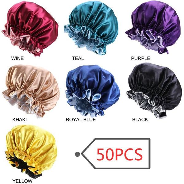 

beanies wholesale 50pcs/lot solid women satin bonnet fashion silky big for lady sleep cap headwrap hat hair wrap accessories