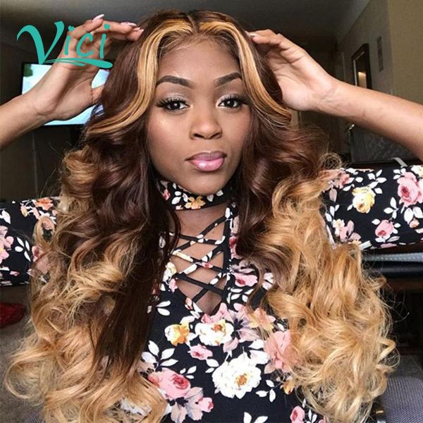 

4/27 honey blonde wig for black women brown lace front wig pre plucked with baby hair colored body wave human hair wigs 150% den, Black;brown