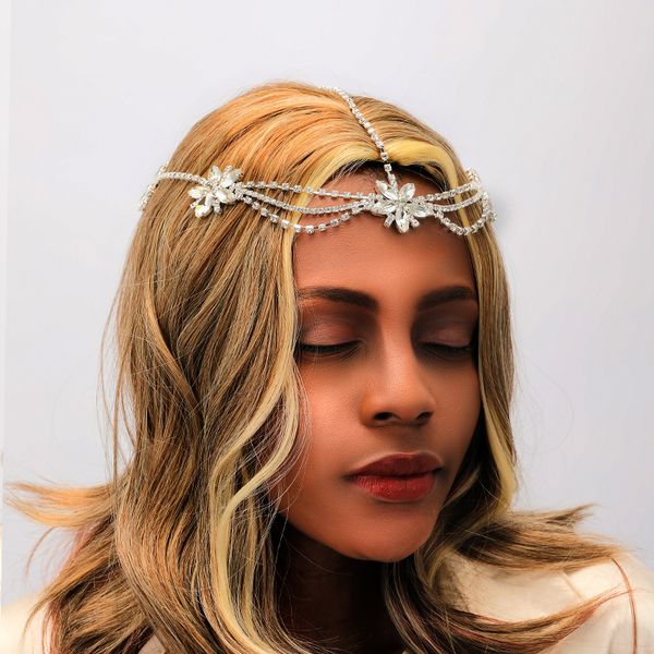 

women crystal flower bridal head chain for wedding jewelry rhinestone forehead hair chain bridesmaid headpiece, Golden;silver