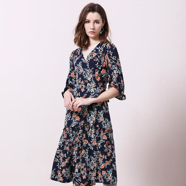 

women dress elegant party 2020 new spring and summer v-neck fashion high-waist a-line posing floral dress women1, Black;gray