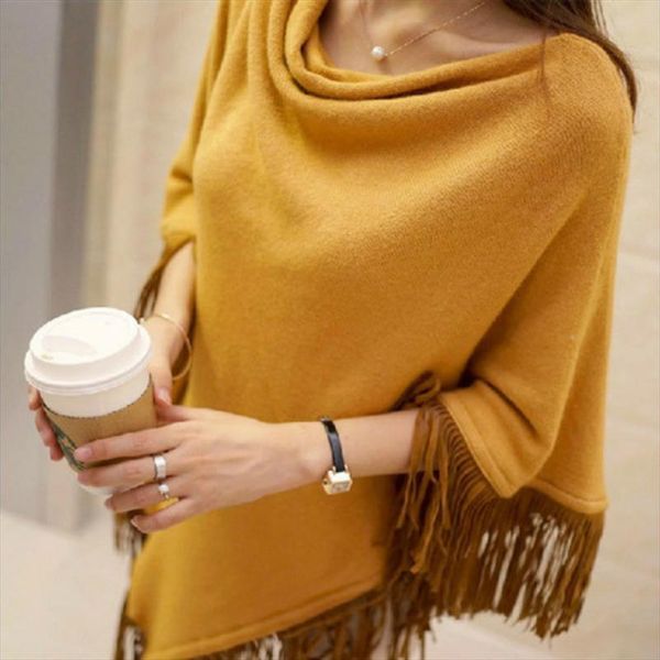 

new women ladies cape coat poncho bohemian striped coat winter warm tassel shawls poncho knitted shawl cardigans sweater fashion, White;black