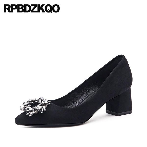 

ladies dress shoes diamond rhinestone suede medium heels black pointed toe 2020 thick crystal pumps wedding small size chunky