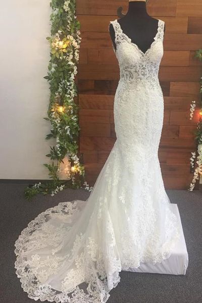 

mermaid wedding dresses appliqued lace deep v back low neck sleeveless 2021 fashion bridal gowns vestido de novia custom made, White