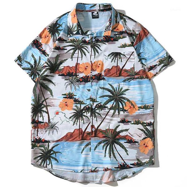 

2020 summer european style coconut tree men hawaiian shirt casual single breasted short sleeve blouse vacation beach shirt lt0321, White;black