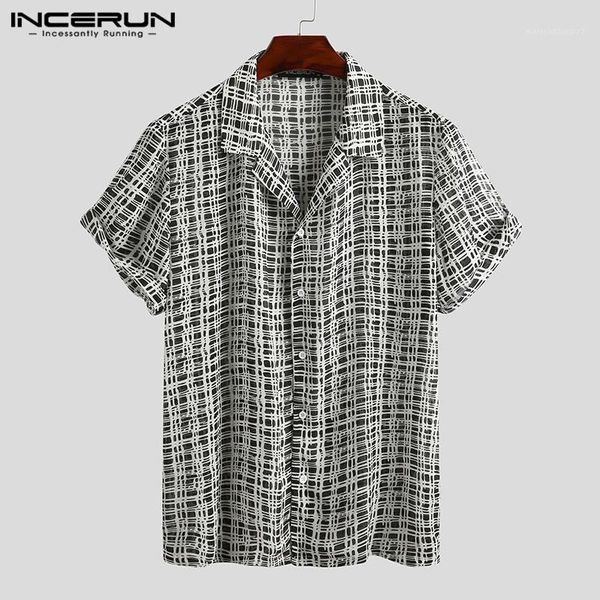 

men's casual shirts incerun 2021 men printed shirt streetwear short sleeve lapel blouse summer loose breathable beach hawaiian s-5xl1, White;black