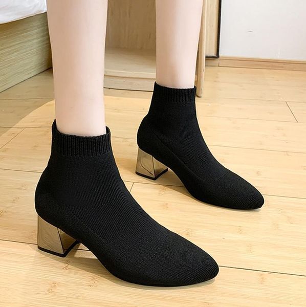 

dress shoes women flock leather short boots fashion handmade classic pointed toe metal heels thick high booties#g21, Black