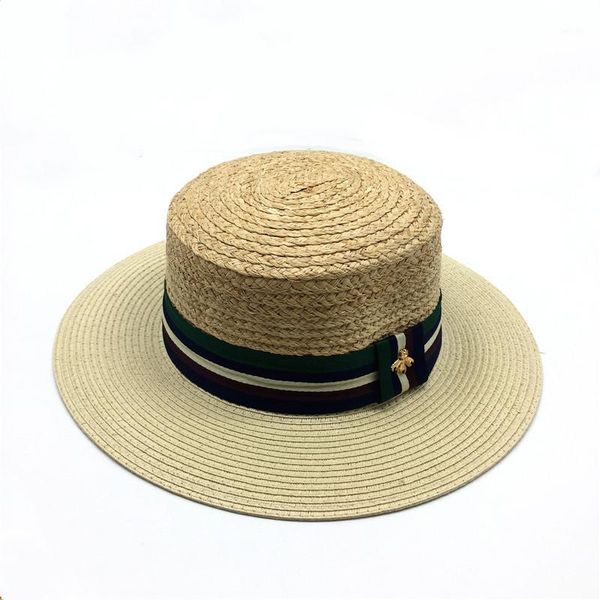 

women summer straw hat natural raffia boater straw hat girls beach flat brim raffia floppy with striped band1, Blue;gray