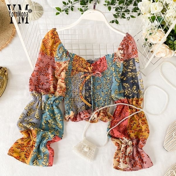 

yornmona korean fashion boho beach print blouses shirt women long puff sleeve ruffle short chiffon blouse female blusas y200828, White
