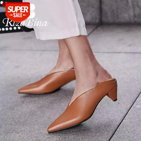 

rizabina women pumps genuine leather retro two-piece high heels shoes women pointed toe casual office ladies footwear size 34-39 #ps2z