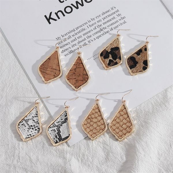 

leopard print rhombus curved geometric charms drop earrings snakeskin leather gold dangle earings brand jewelry for woman girls, Golden