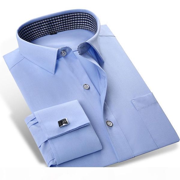 

wholesale- men's solid color french cuff dress shirts (cufflinks included) long sleeve classic-fit square collar inner plaid shirt, White;black