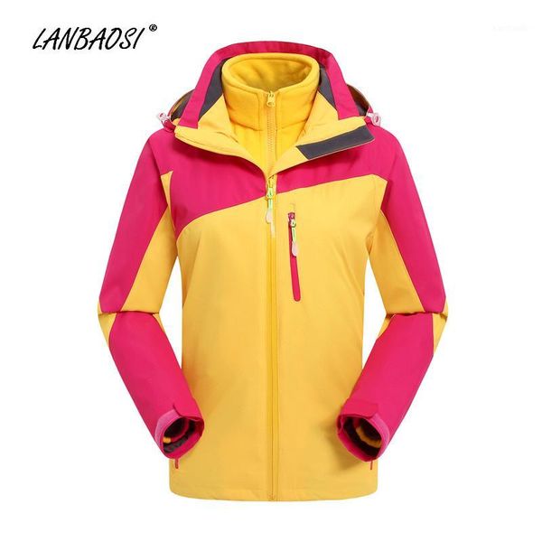 

lanbaosi women's hiking windbreaker hooded jackets thermal fleece liner waterproof camping climbing skiing 3in1 outwear coat1, Blue;black