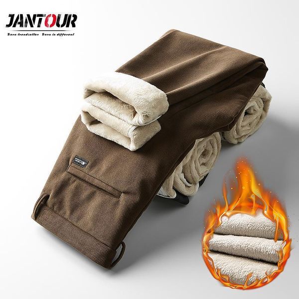 

jantour brand winter fleece corduroy pants men's casual pants business fashion stretch fit regular trousers big size 28-401, Black