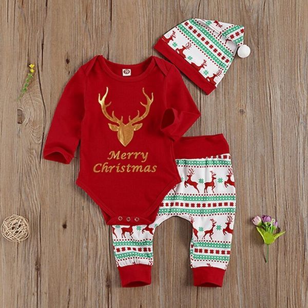 

3pcs newborn baby girl boy merry christmas romper elk pant hat outfits 0-24m 1021, White