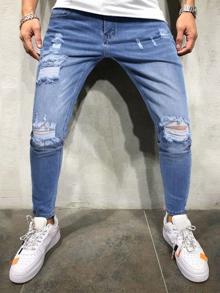 

men ripped cat whisker skinny jeans v5km#, Blue