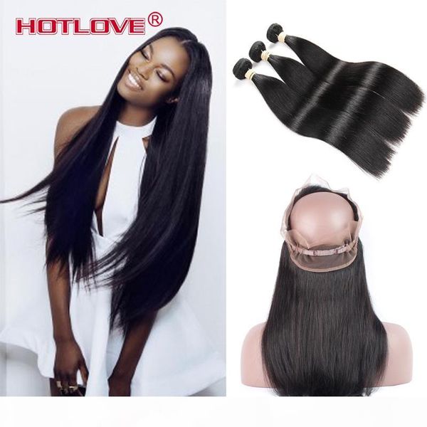 

pre plucked 360 lace frontal with 3 bundles straight brazilian virgin human hair weaves with 360 frontal closure (22*4*2 ) total 4pieces lot, Black;brown