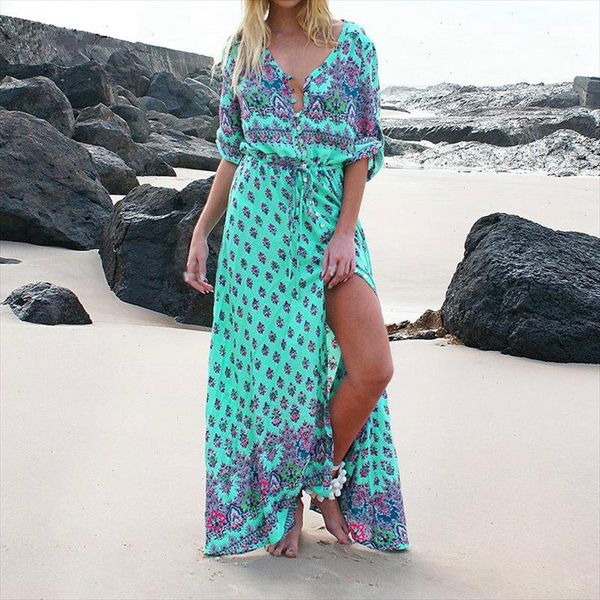 

fashion spring summer long bohemian beach dress women half sleeve vintage retro floral maxi dresses vestidos mujer sundress, Black;gray