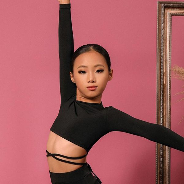 

new arrival kids latin dance long sleeve belt design girl latin dancing clothes belly ballroom tango dresses l30201, Black;red