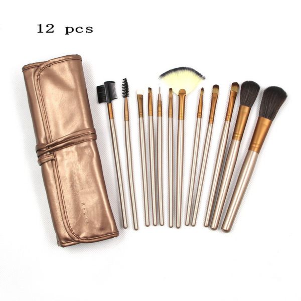 12 pçs Pincel Conjuntos de Maquiadores Profissionais Feminino Designer Saco de Couro Dourado Cabo de Madeira Cosméticos Ferramentas de Beleza