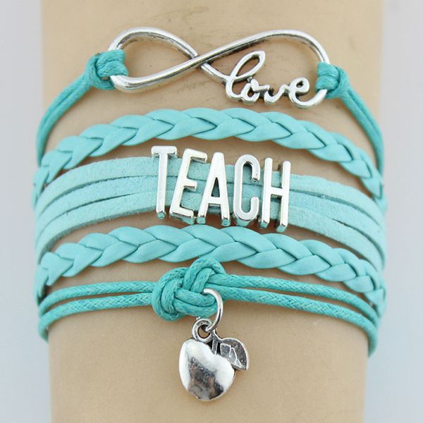 

infinity love teach teacher apples charm wrap bracelet multilayer leather custom gifts women & men bracelets jewelry, Golden;silver